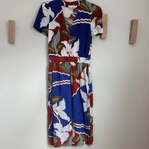 Vintage Tropical Floral V-Neck Midi Dress - Blue and Red